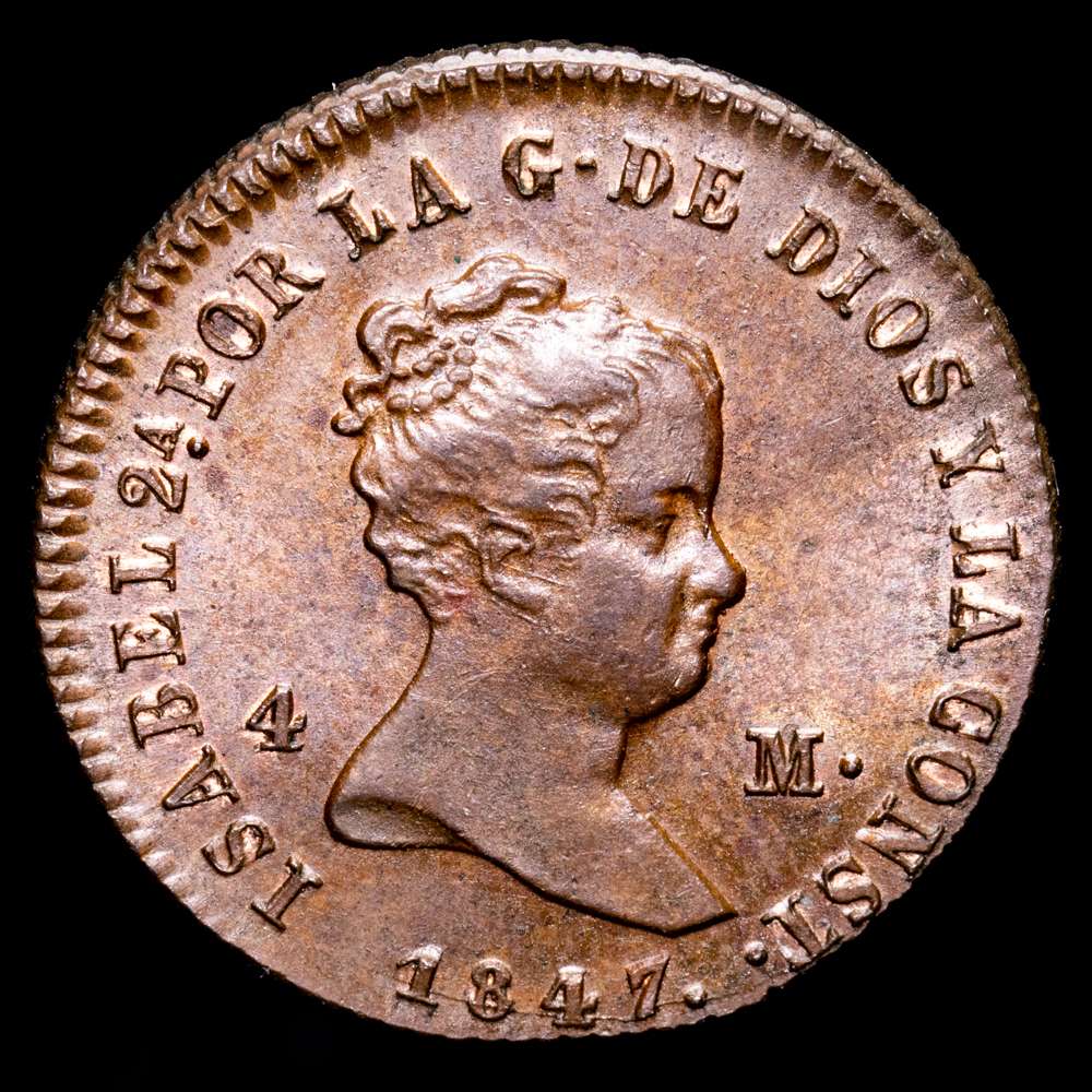 Isabel II. 4 Maravedís. (5,42 g.). Jubia. 1847. AC-73. SC-. Restos de brillo original.