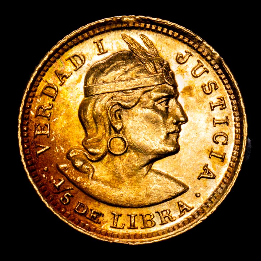 Peru 1/5 Libra 1919 KM# 210; N# 25403; Gold (.917) 1.60 g.; Mint: Lima; Mintage 10000; UNC- .Brillo original .