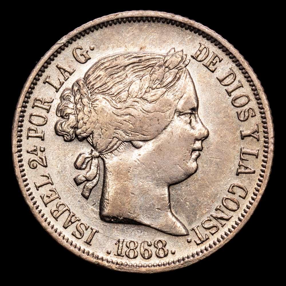 Isabel II. 20 Céntimos. (5,06 g.). Manila. 1868. Aureo y Calico-661. MBC+. Restos de brillo original.