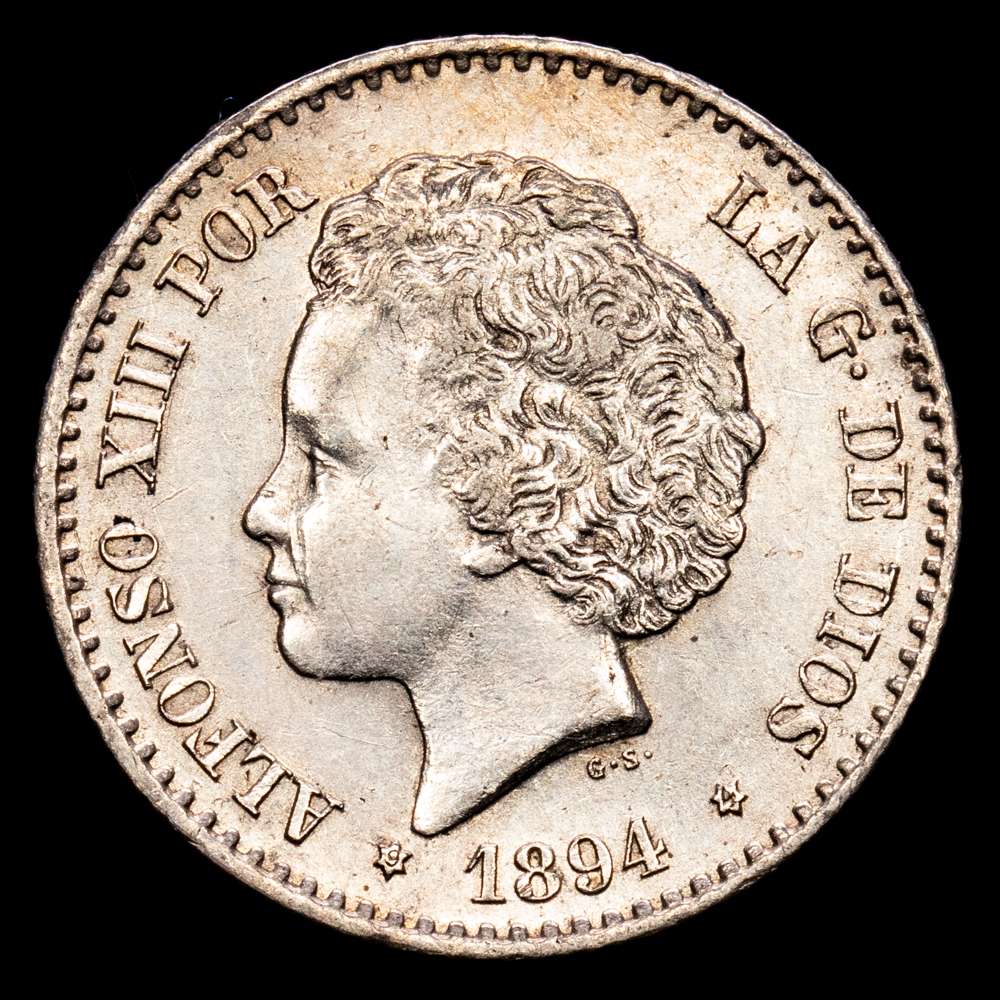 Alfonso XIII. 50 Céntimos. (2,5 g.). Madrid. 1894 *9-4*. Ensayador PG·V. Aureo y Calicó-43. EBC.