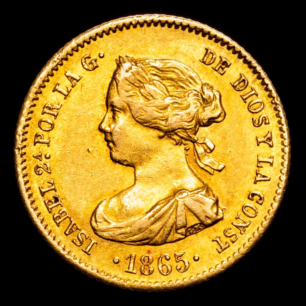 Isabel II. 4 Escudos. (3,34 g.). Madrid. 1865. AC-688. XF+. Bello color