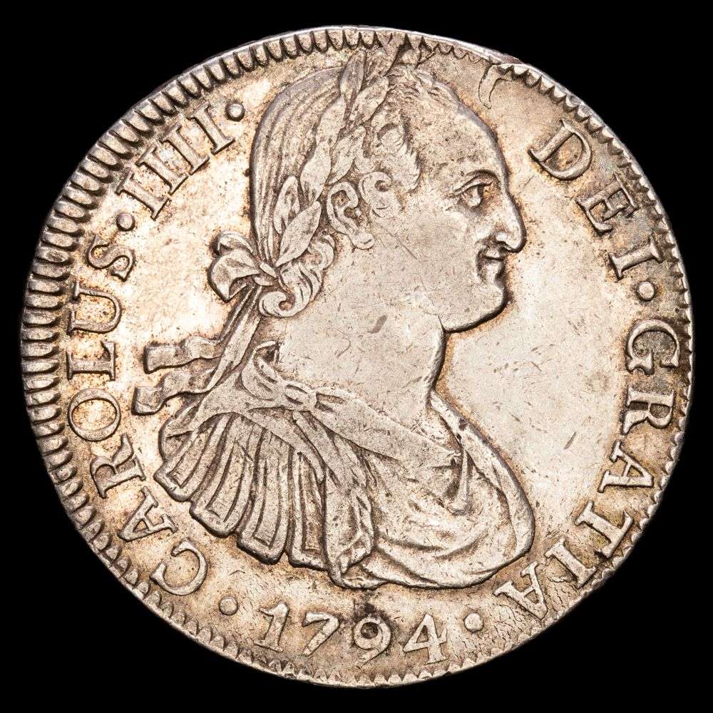 Carlos IV. 8 Reales (27,01 g.). México. 1794. Ensayador F·M. AC-956. VF+. Restos de brillo original.