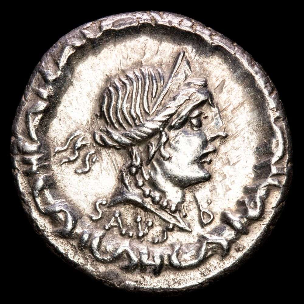 D. Junius L. f. Silanus. Denarius. Rome, 91 BC. 3,89 gr .Diademed head of Salus to right, SALVS below, P under chin; all within torque / Victory, holding palm, whip and reins, driving gallop