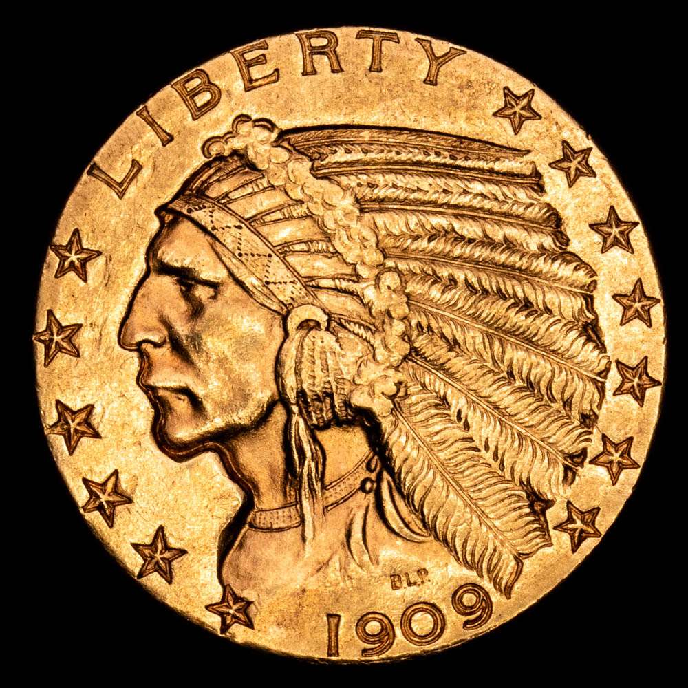 UNITED STATES World Coins 5 Dollars. 1909-D. DENVER. 8,31 grs. Indian Head. Fr-151; KM-129. EBC.