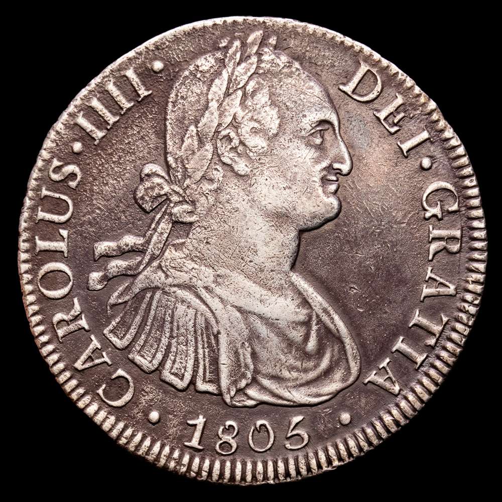 Carlos IV. 8 Reales. (26,77 g.). México. 1805. Ensayador T·H. Aureo y Calico-983. MBC+. Ligeras oxidaciones