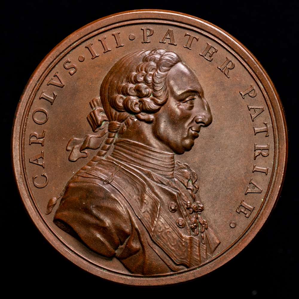 CARLOS III. Medalla. 1774. Colonización de Sierra Morena. Grabador de anv. Prieto y de rev. J.A. Gil. AE 82,4 g. 56 mm. Vives-46. SC.