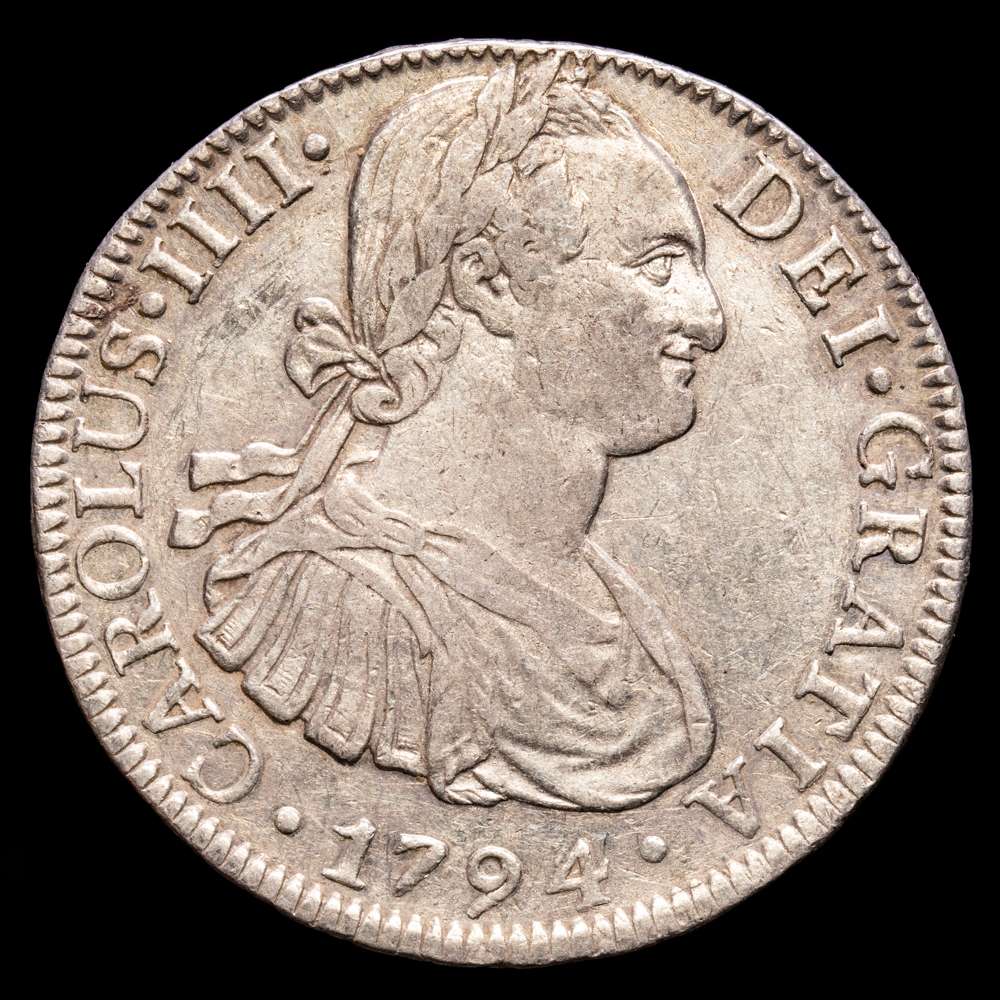 Carlos IV. 8 Reales. (26,93 g.). México. 1794. Ensayador F·M. Aureo y Calico-966. MBC+. Parte del brillo original.