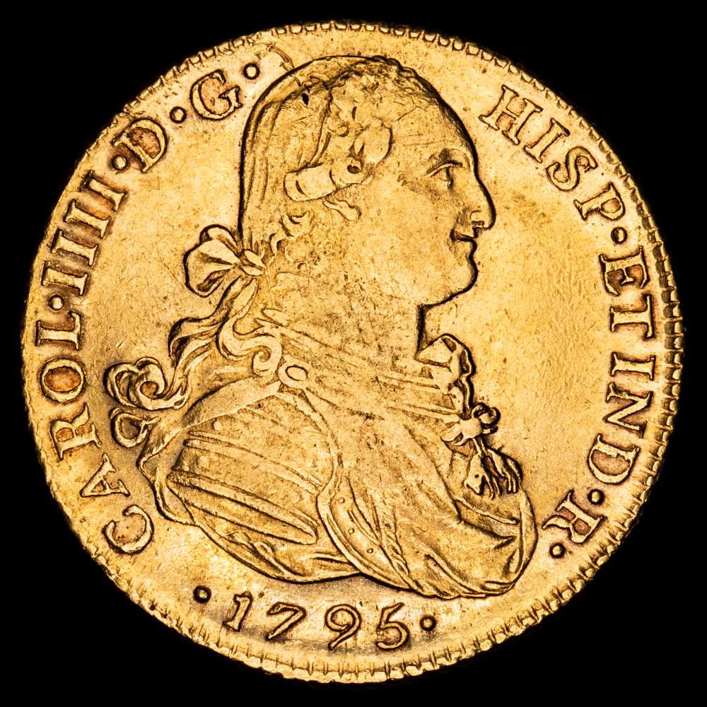 Carlos IV. 8 Escudos. (27,01 g.). Lima. 1795. Ensayador I·J. AC-1594. EBC-. Parte de brillo original.
