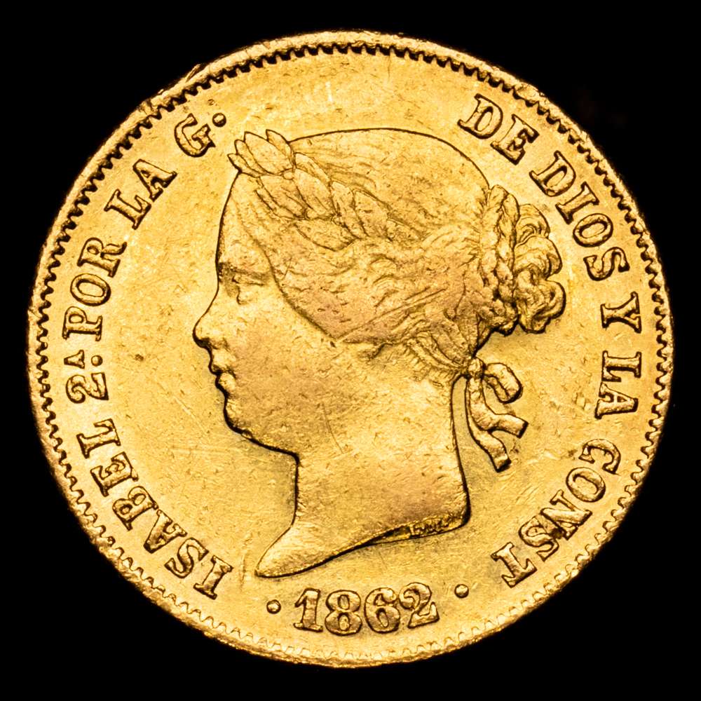 Isabel II. 4 Pesos. (6,77 g.). Manila. 1862. AC-853. EBC-/EBC. Gran parte del brillo original. Leves marquitas. Rara as�.