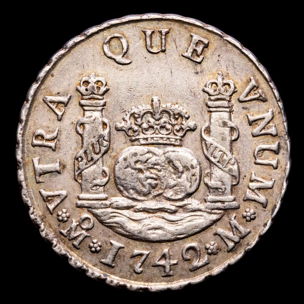 Felipe V. 2 Reales . (6,75 g.). México. 1742. Ensayador M. Aureo y Calico-1461. EBC. Rara así. Muy bella pátina