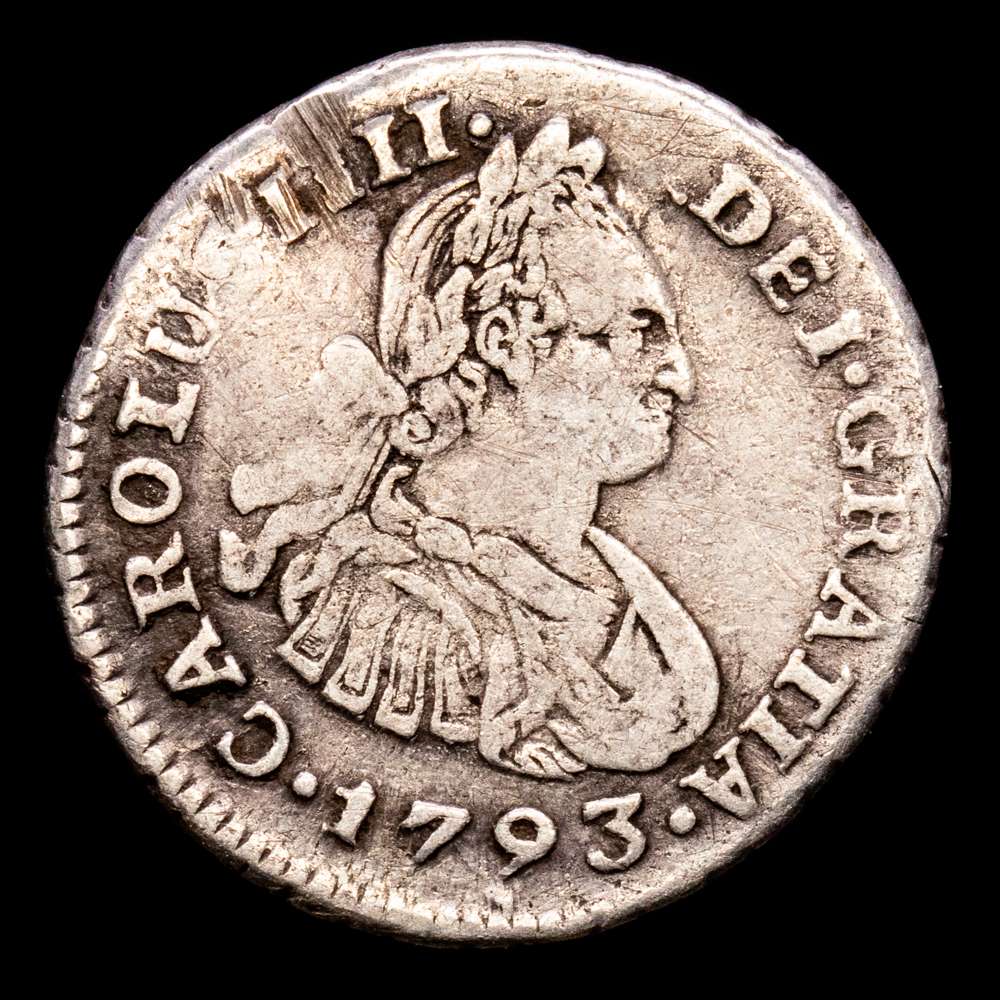 Carlos IV. 1/2 Real. (1,5 g.). Lima. 1793. Ensayador I·J. Aureo y Calicó-1247. MBC+. Escasa