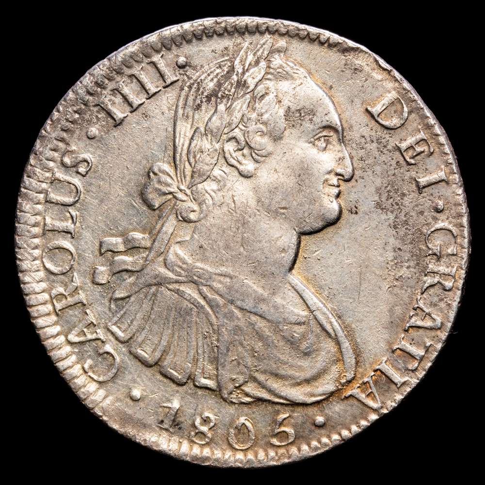 Carlos IV. 8 Reales. (26,87 g.). México. 1805. Ensayador T·H. Aureo y Calico-983. MBC+. Parte del brillo original. Leves oxidaciones