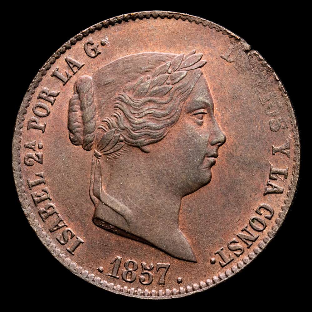 Isabel II. 25 Centimos de Real. (9,41 g.). Segovia. 1857. CAL-190.  Flan Defecto Error , UNC, rojo.