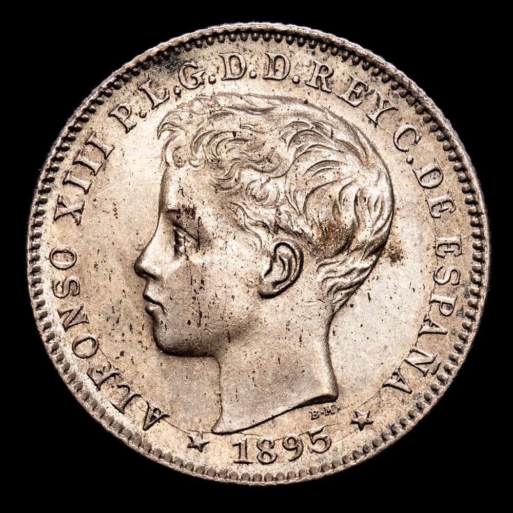 Centenario de la Peseta (1868-1931). Alfonso XIII (1886-1931). 20 centavos. 1895. Puerto Rico. PGV. (Cal-126). Ag. 5,05 g. Manchitas. MBC+.