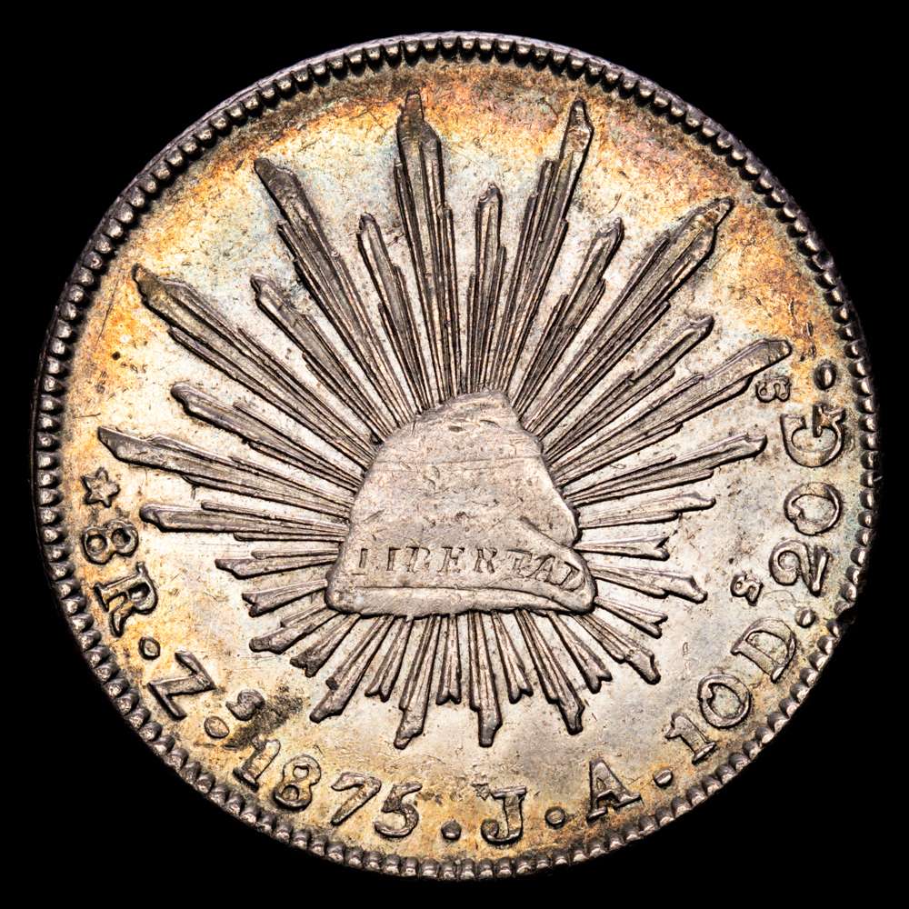 República de México. 8 Reales. (26,77 g.). Zacatecas. 1875. Ensayador J·A. KM-379.13. XF. Bella pátina de monetario antiguo