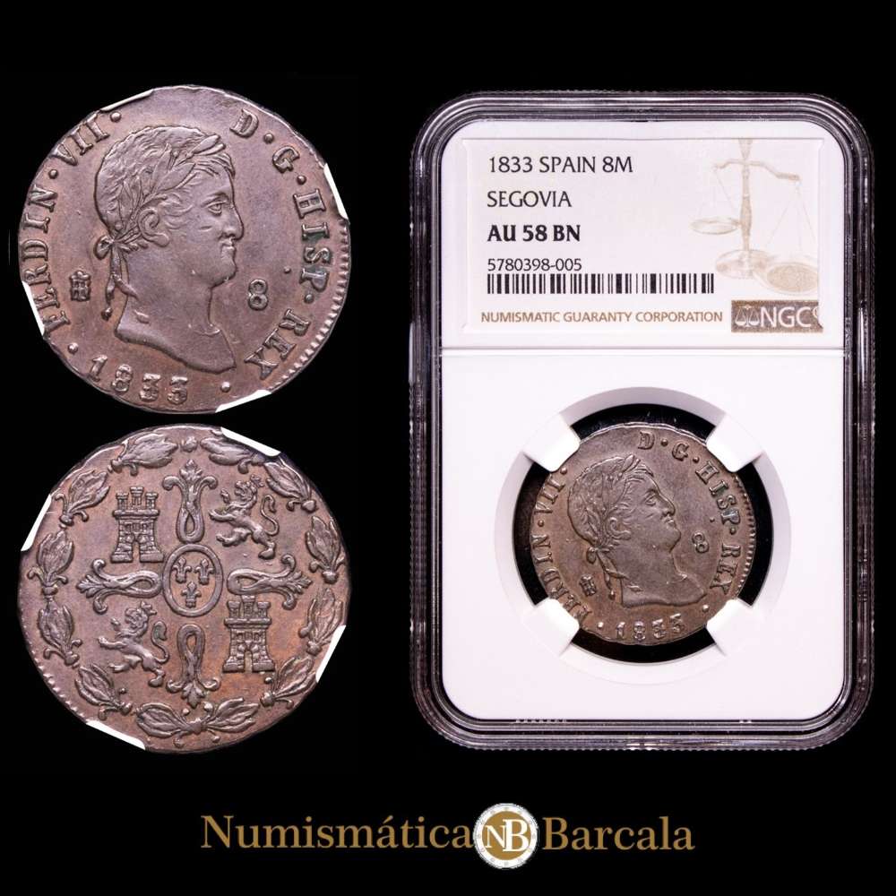 Fernando VII. 8 Maravedís. Segovia, 1833. Cal-239. Encapsulada por la NGC AU 58 BN.