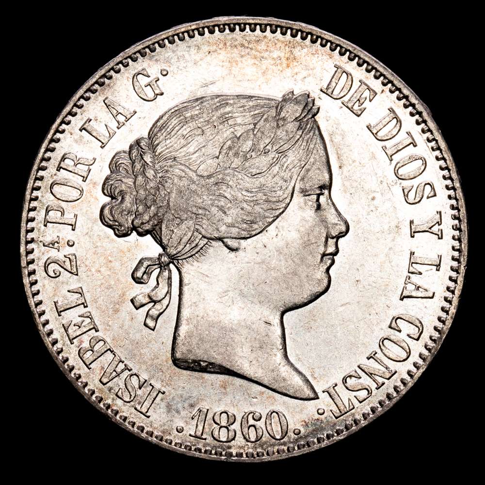 Isabel II. 10 Reales. (12,93 g.). Madrid. 1860. AC-537. MBC+/EBC-. Parte del brillo original. Escasa así