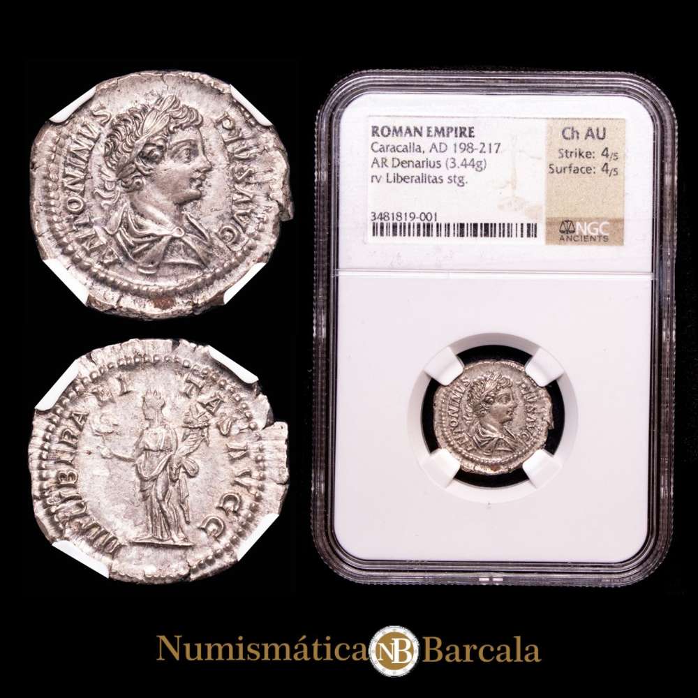 Caracalla. Denario (3,44 g.). Roma, 201-206. Cy37. Ch122. RIC135.  Encapsulada por la NGC, Ch AU.