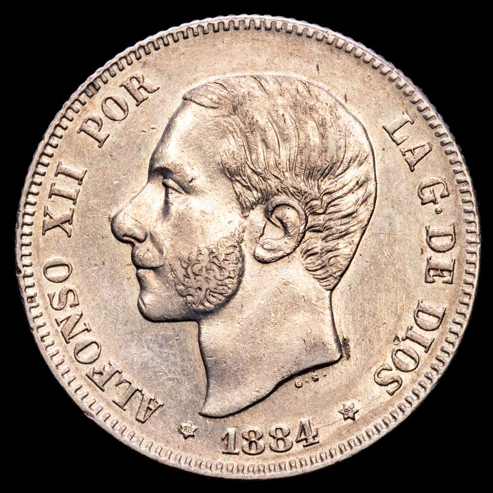 Alfonso XII. 2 Pesetas. (9,97 g.). Madrid. 1884 *18-84*. MS·M. AC-34. EBC. Restos de brillo original. Ligero tono