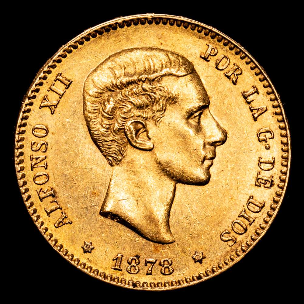 Alfonso XII. 25 Pesetas. (8,07 g.). Madrid. 1878 *18-78*. DE·M. AC-70. EBC-. Parte del brillo original.