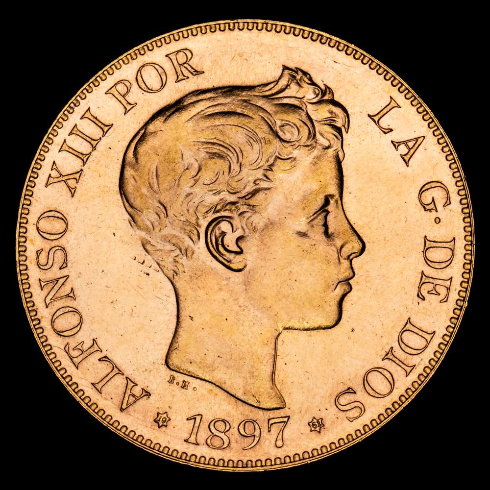 Alfonso XIII. 100 Pesetas. (32,31 g.). Madrid. 1897 *19-61*. Ensayador SG·V. Aureo y Calico-177. SC. Brillo original. Restrike