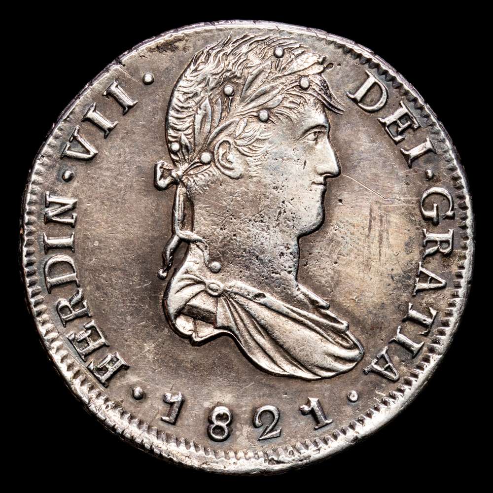 Fernando VII. 8 Reales. (26,94 g.). Zacatecas. 1821. Ensayador R·G. Aureo y Calico-1465. (EBC-).