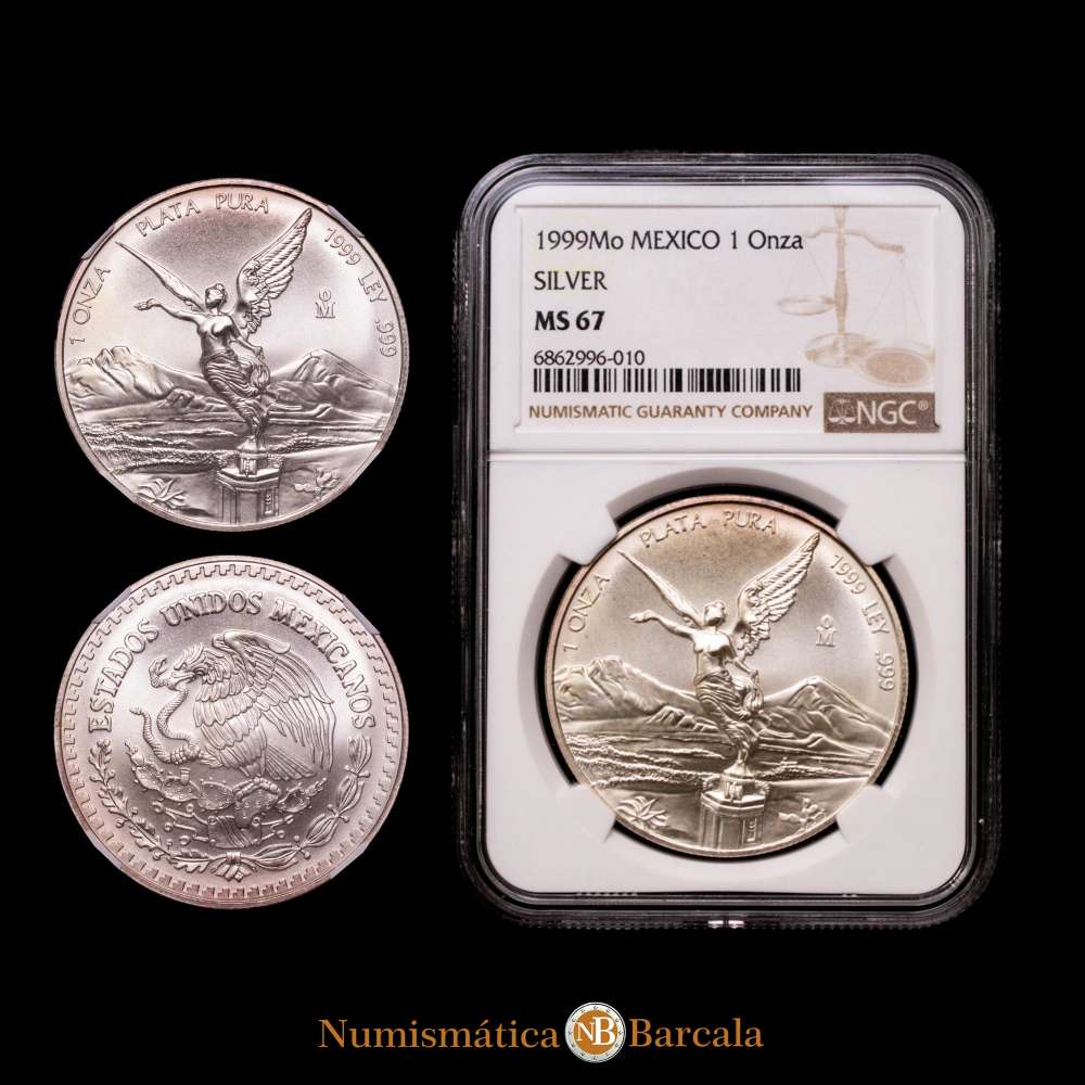 MÉXICO. Onza de plata, 1999-Mo. Casa de Moneda de México . NGC MS-67. KM-613. Tirada: 95.000.  con un ligero tono púrpura en la periferia de ambos lados.