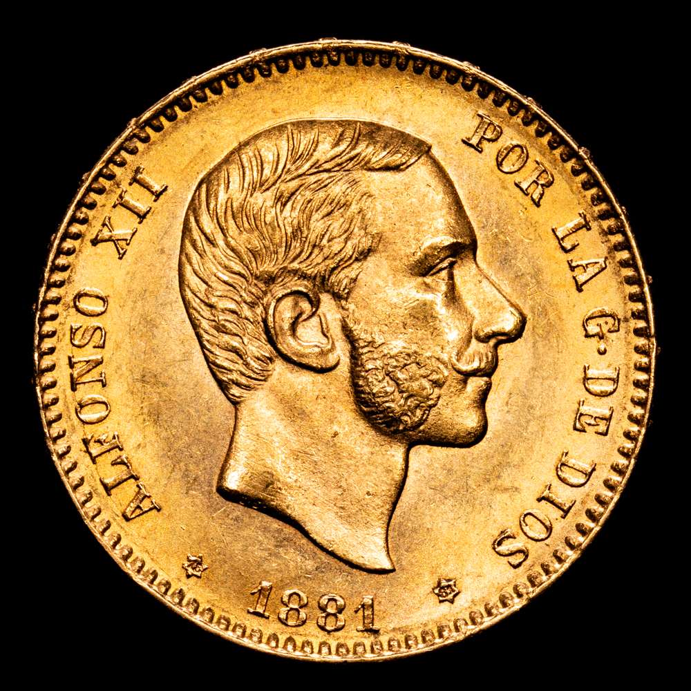 Alfonso XII. 25 Pesetas. (8,08 g.). Madrid. 1881 *18-81*. MS·M. AC-82. EBC+. Gran parte del brillo original.