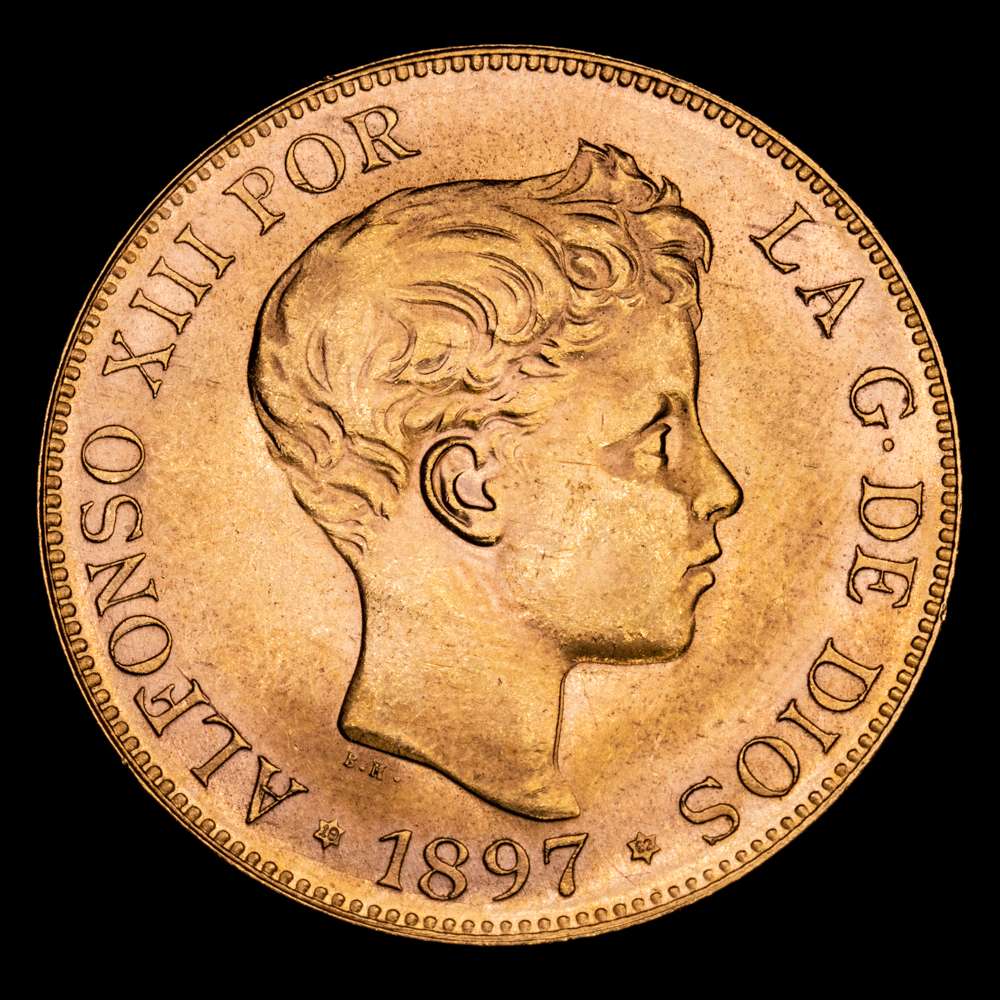 ALFONSO XIII. Madrid. 100 pesetas. 1897*19-62. SGV. (Cal-178). 32´27 g.  SC, brillo original. Tono. Muy buen ejemplar. Solo se reacuñaron 6.000 piezas