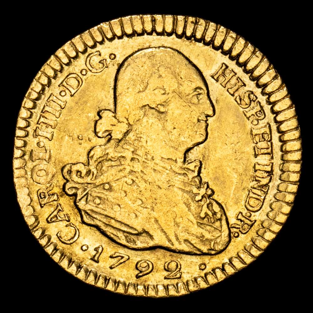 Carlos IV. 1 Escudo. (3,37 g.). Popayán (Colombia). 1792. Ensayador J·F. AC-1197. MBC+. Muy rara.