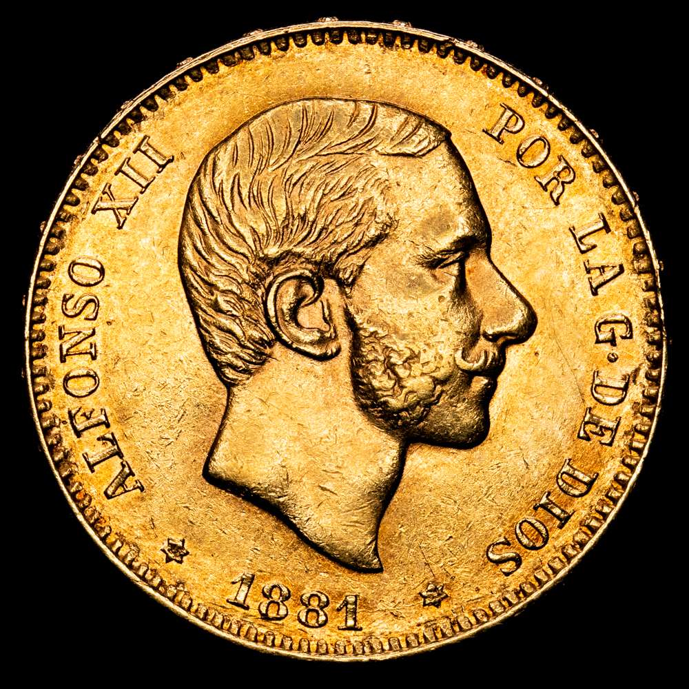 Alfonso XII. 25 Pesetas. (8.01 g.). Madrid. 1881 *18-81*. Ensayador MS·M. Aureo y Calicó-82. EBC. Restos de brillo original