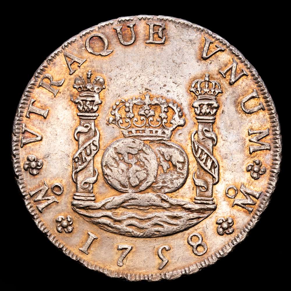 Fernando VI. 8 Reales. (27,01 g.). México. 1758. M·M. AC-494. EBC. Bello tono. Marquitas