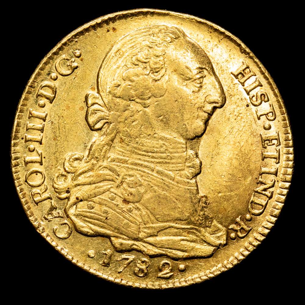 Carlos III (1759-1788). 4 escudos. 1782/1. Popayán. SF. (Cal-1839.1). Au. 13,43 gramos. Sobrefecha. Muy rara. EBC-.