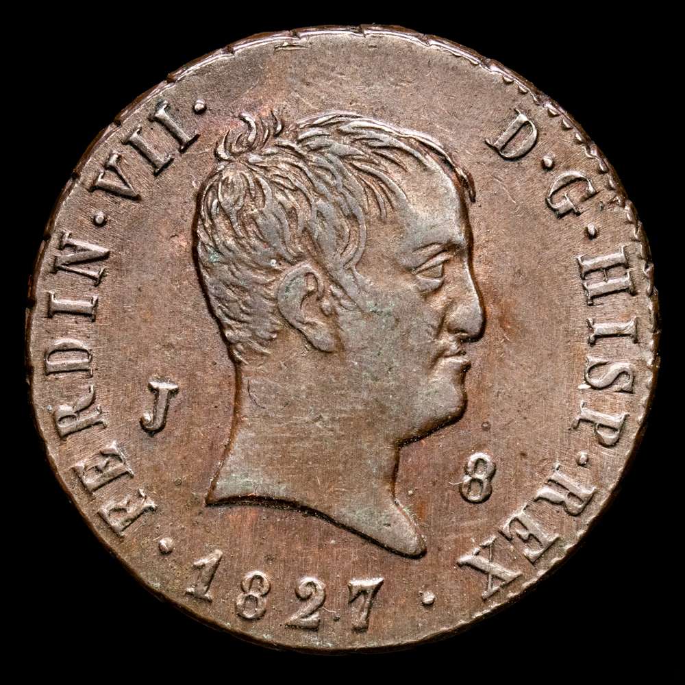 Fernando VII. 8 Maravedís. (11,18 g.). Jubia. 1827. Aureo y Calicó-210. MBC+/EBC. Atractiva