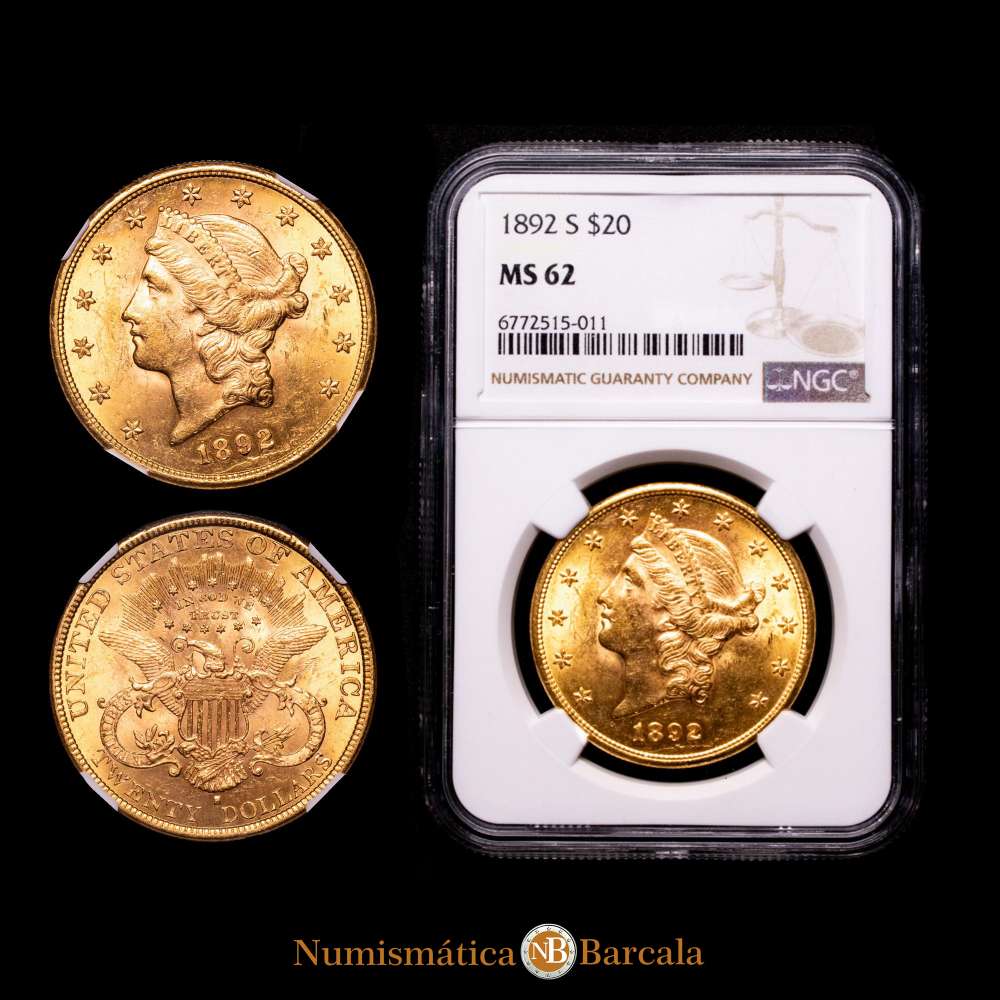 20 dólares 1892 S, San Francisco. Tipo cabeza de la libertad. KM 74,3. Fr. 178. NGC MS62.