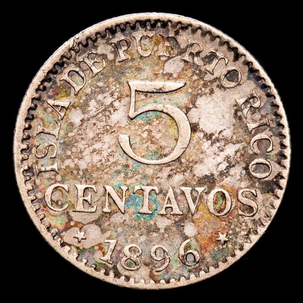 Alfonso XIII. 5 Centavos. (1,3 g.). Puerto Rico. 1896. PG·V. AC-124. MBC. Leve. Pátina irisada