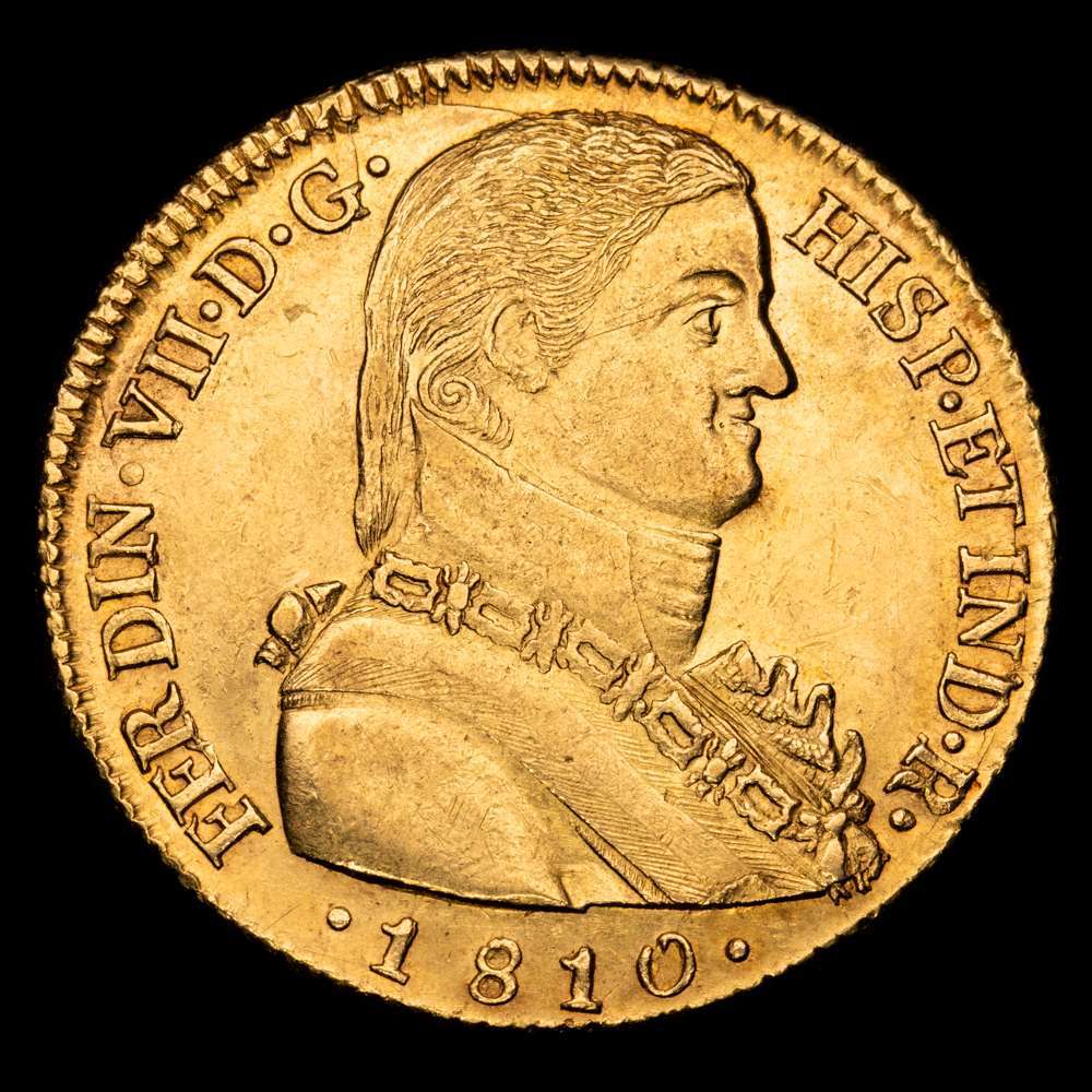 Fernando VII (1808-1833). 8 escudos. 1810. Santiago. FJ. (Cal-1863). (Cal onza-1346). Au. 27,12 g. Busto almirante. Restos de brillo original en reverso. Escasa. EBC+.