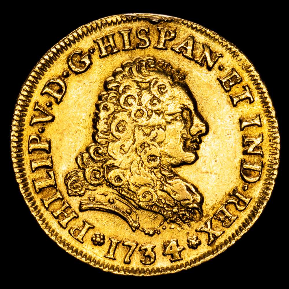 Felipe V. 2 Escudos. 1734/3. (6,65 g.). México. M·F. AC-1896. (MBC+). Estuvo colgada. Rara