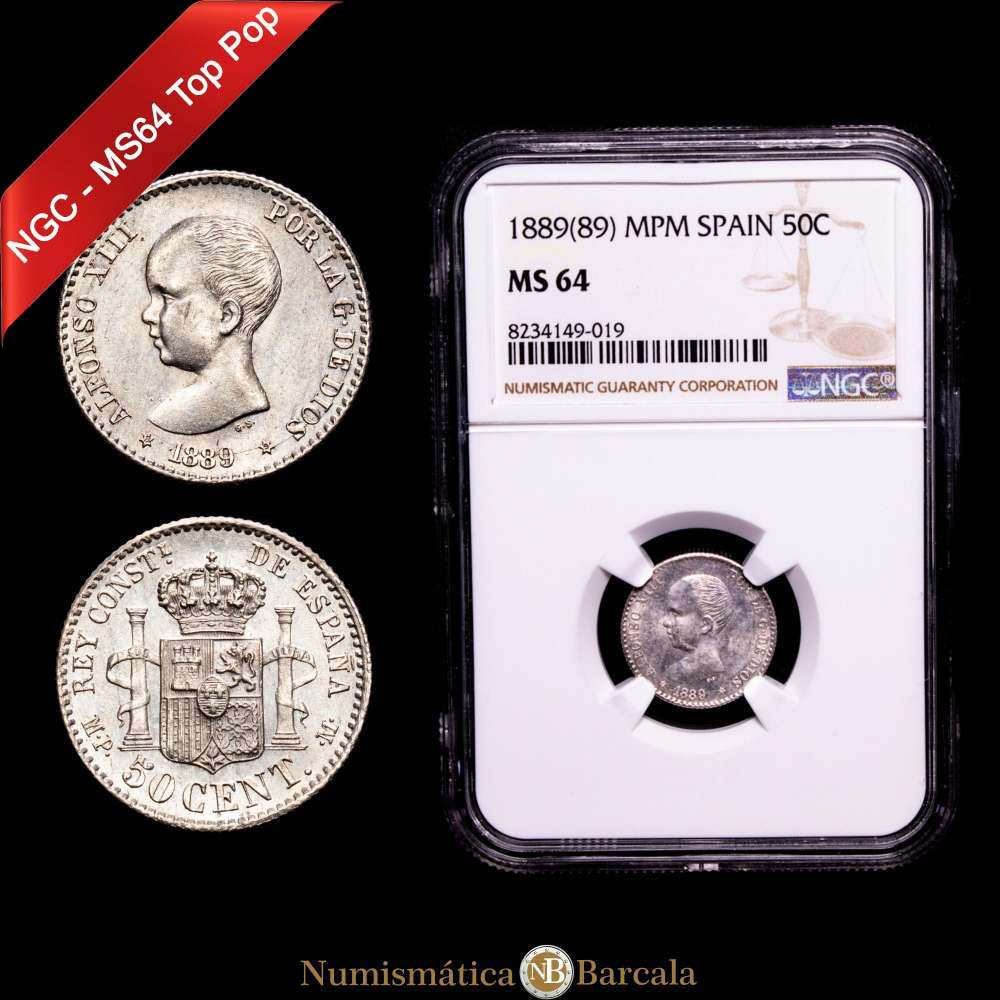 Alfonso XIII (1886-1931). 50 céntimos. 1889*8-9. Madrid. MPM. (Cal-27). Ag. 2,49 gramos. Brillo original. Catalogada por NGC como MS 64 (Top Pop) , la mejor conocida en el censo de NGC.