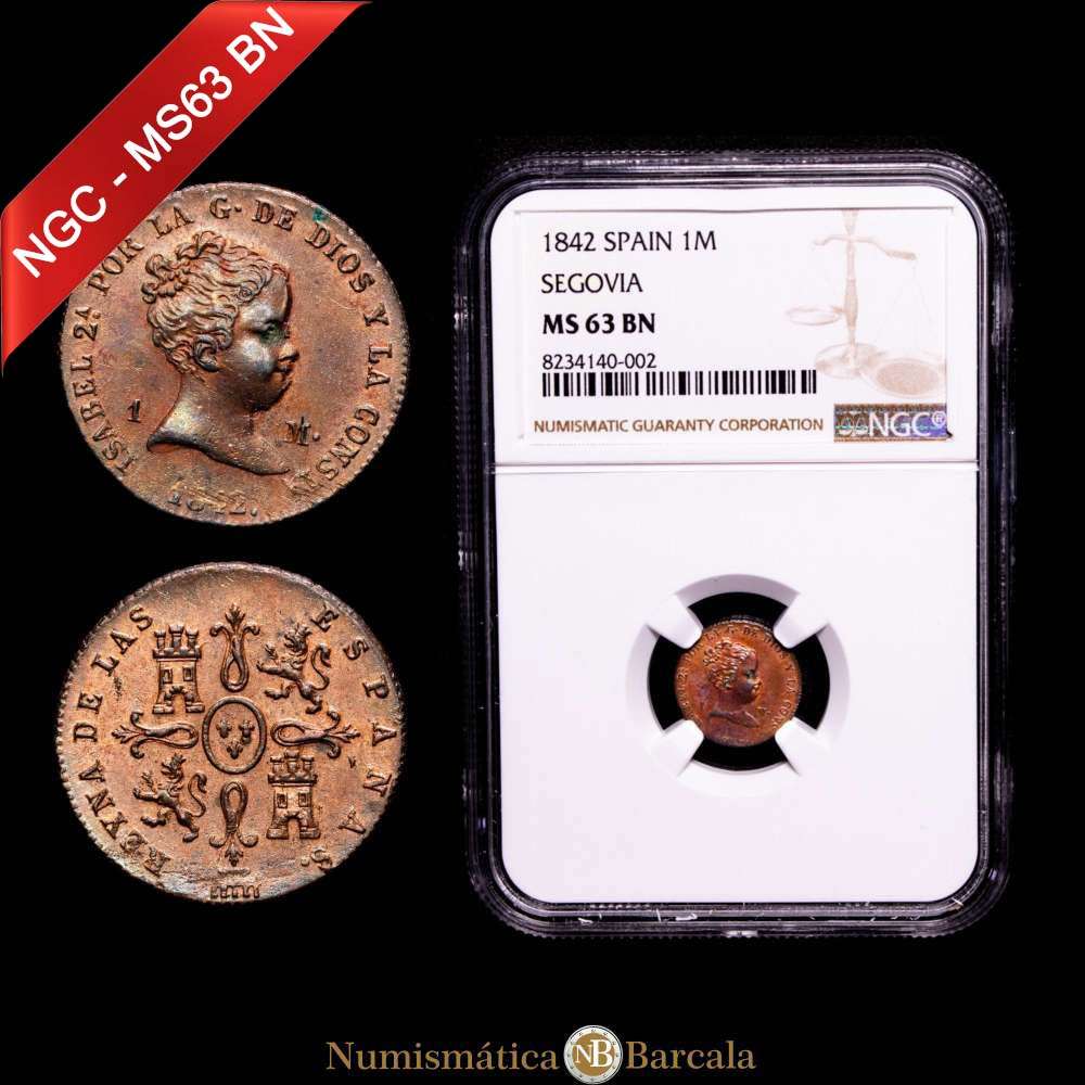 Isabel II (1833-1868). 1 maravedí. 1842. Segovia. (Cal-35). Ae. Brillo original. Encapsulada por NGC como MS 63 BN.