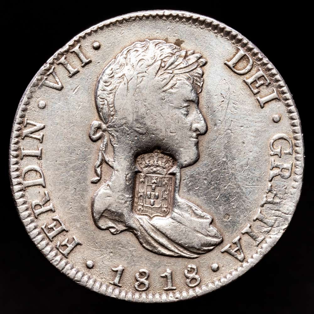 Fernando VII. 8 Reales. (26,83 g.). México. 1818. J·J. KM-440.15. MBC. (Limpiada). 870 Reis 1834 contramarca en 8 Reales.