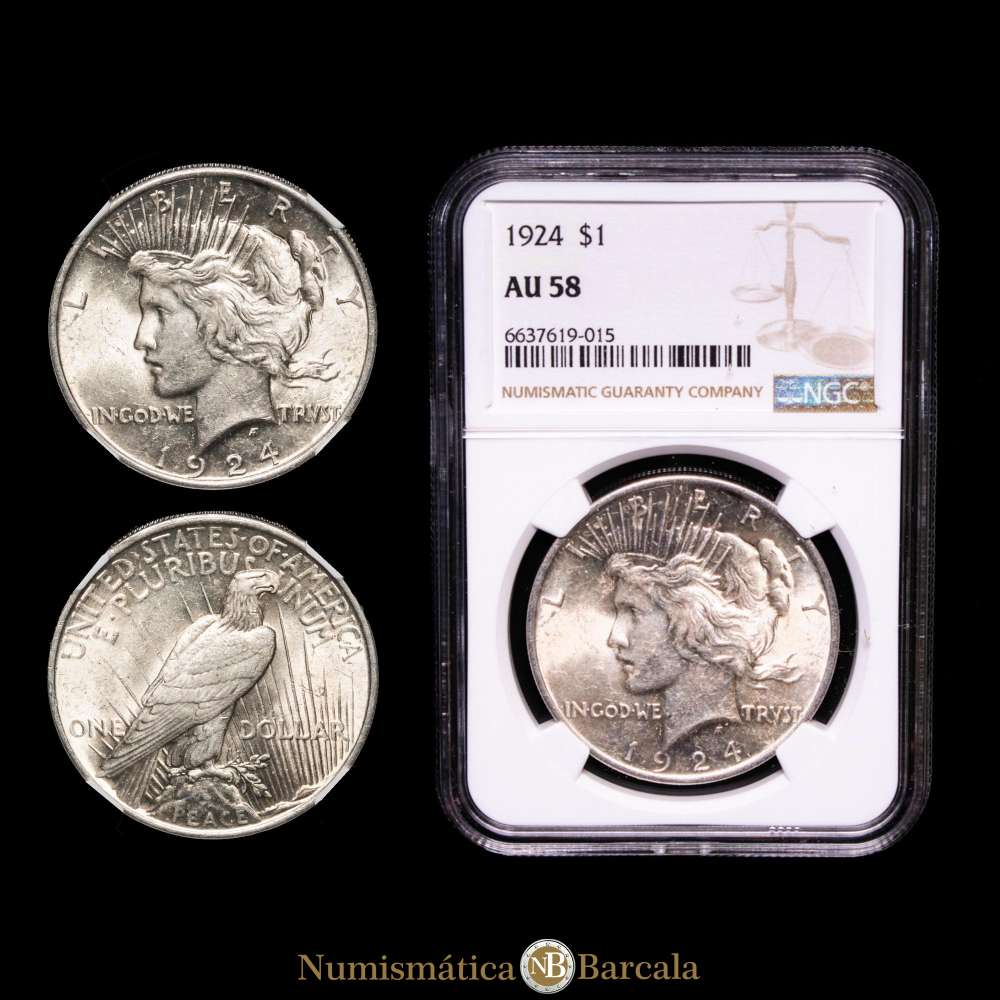 Estados Unidos. 1 Dollar. 1924.”Peace Dollar” . Philadelphia Mint. KM# 150, N# 5580;Encapsulado por NGC AU58.