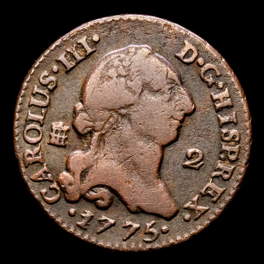 Carlos IV. 2 Maravedís. (2,38 g.). Segovia. 1775. Aureo y Calico-38. MBC-.