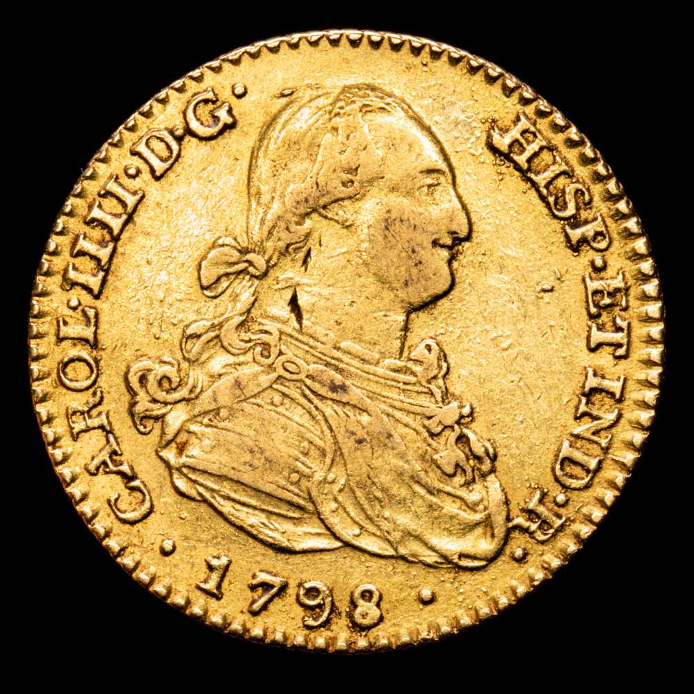 Carlos IV. 2 Escudos. (6.73 g.). Madrid. 1798. Ensayadores M·F. Aureo y Calico-1290. MBC+.