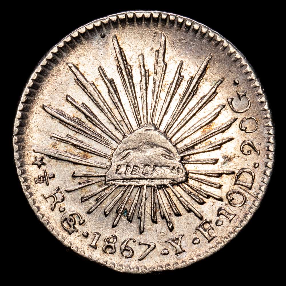 México. 1/2 Real. (1,63 g.). Guanajuato. 1867. Y·F. KM-370,7. MBC+.