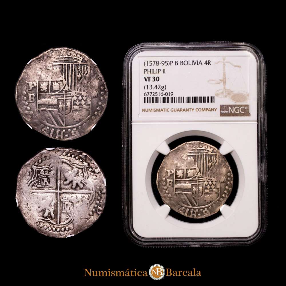 Felipe II. 4 Reales. (13,42 g.). Bolivia. (1578-95). P B. NGC VF30.