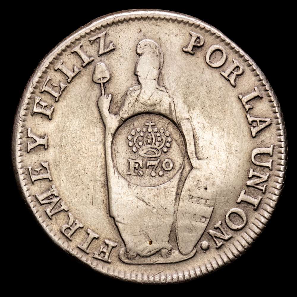 República de Perú. 8 Reales. (28,39 g.). Lima. 1829. Ensayador J·M. KM-142.3. VF+. Resello de Filipinas – F.7.0