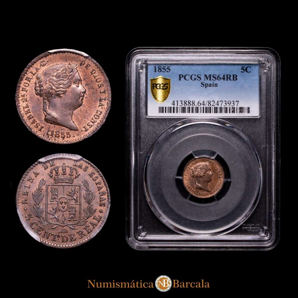 1855. Isabel II. Segovia. 5 céntimos de real. (AC. 160). Bella. Brillo original. En cápsula de la PCGS como MS64 RB. Escasa así. S/C.