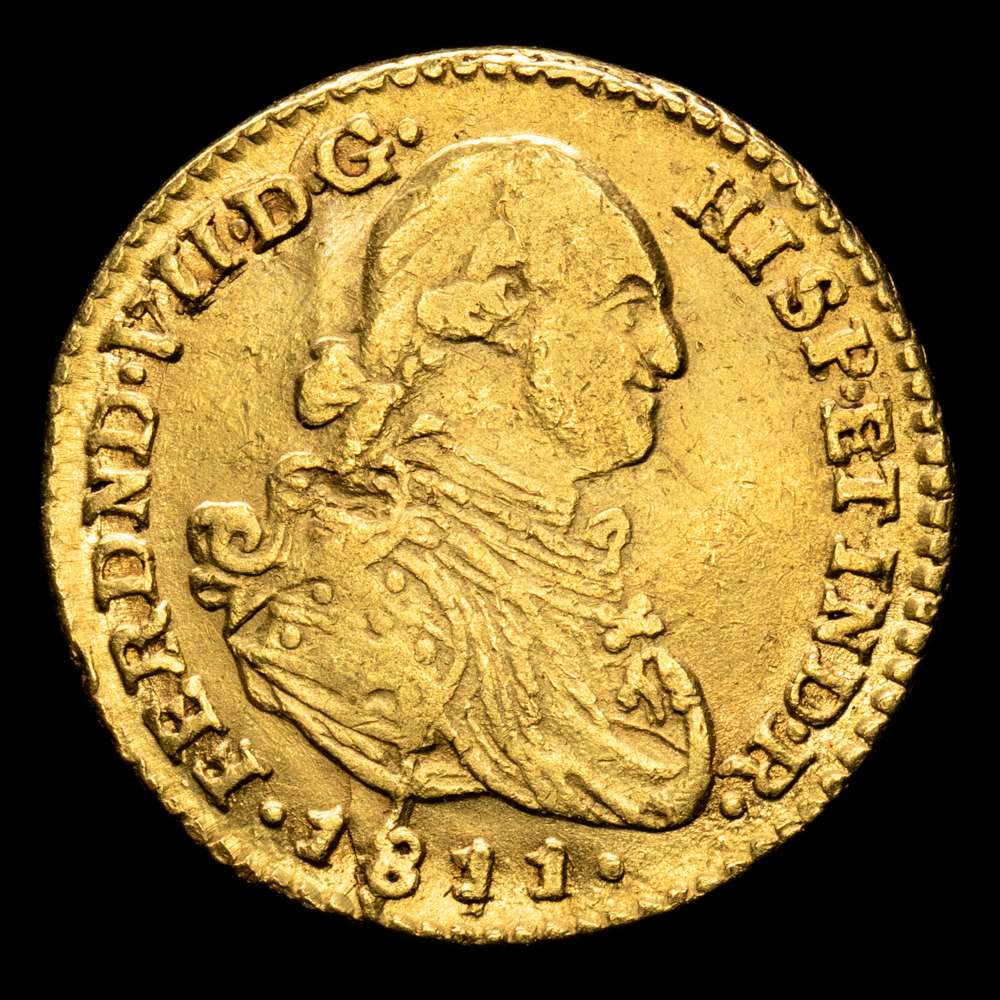 Fernando VII. 1 Escudo. (3,41 g.). Santa Fe de Nuevo Reino. 1811. JJ. Cal-2019-1547. MBC. Busto de Carlos IV. Escasa.