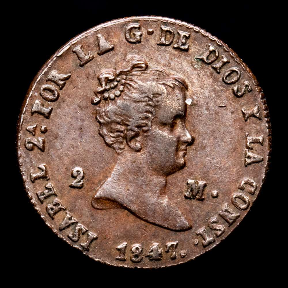 Isabel II. 2 Maravedís. (2,52 g.). Segovia. 1847. Aureo y Calico-59. MBC+.